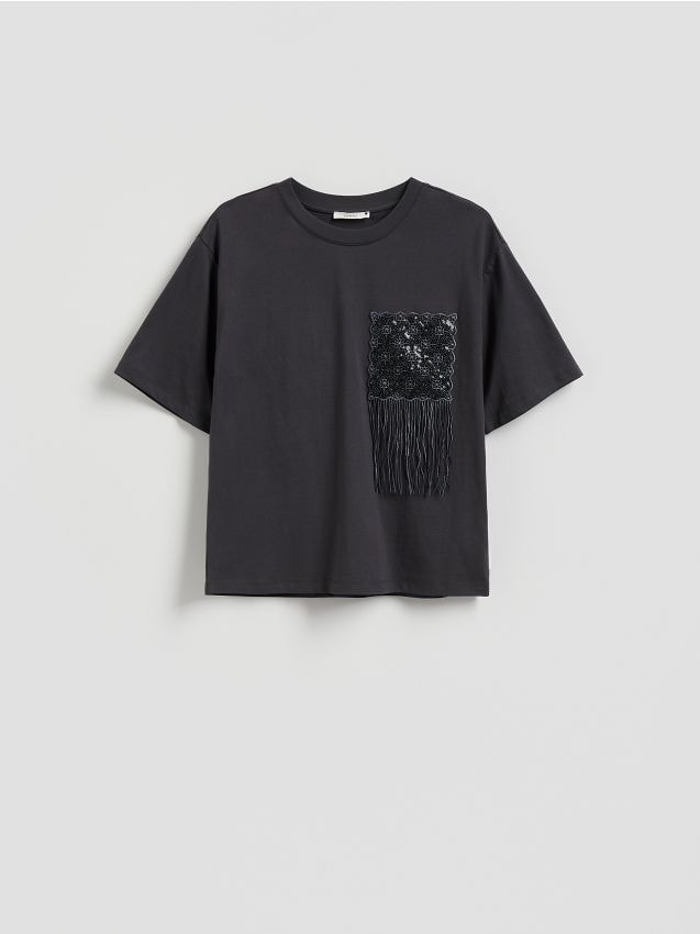 Reserved - T-shirt z ozdobnym detalem - ciemnoszary