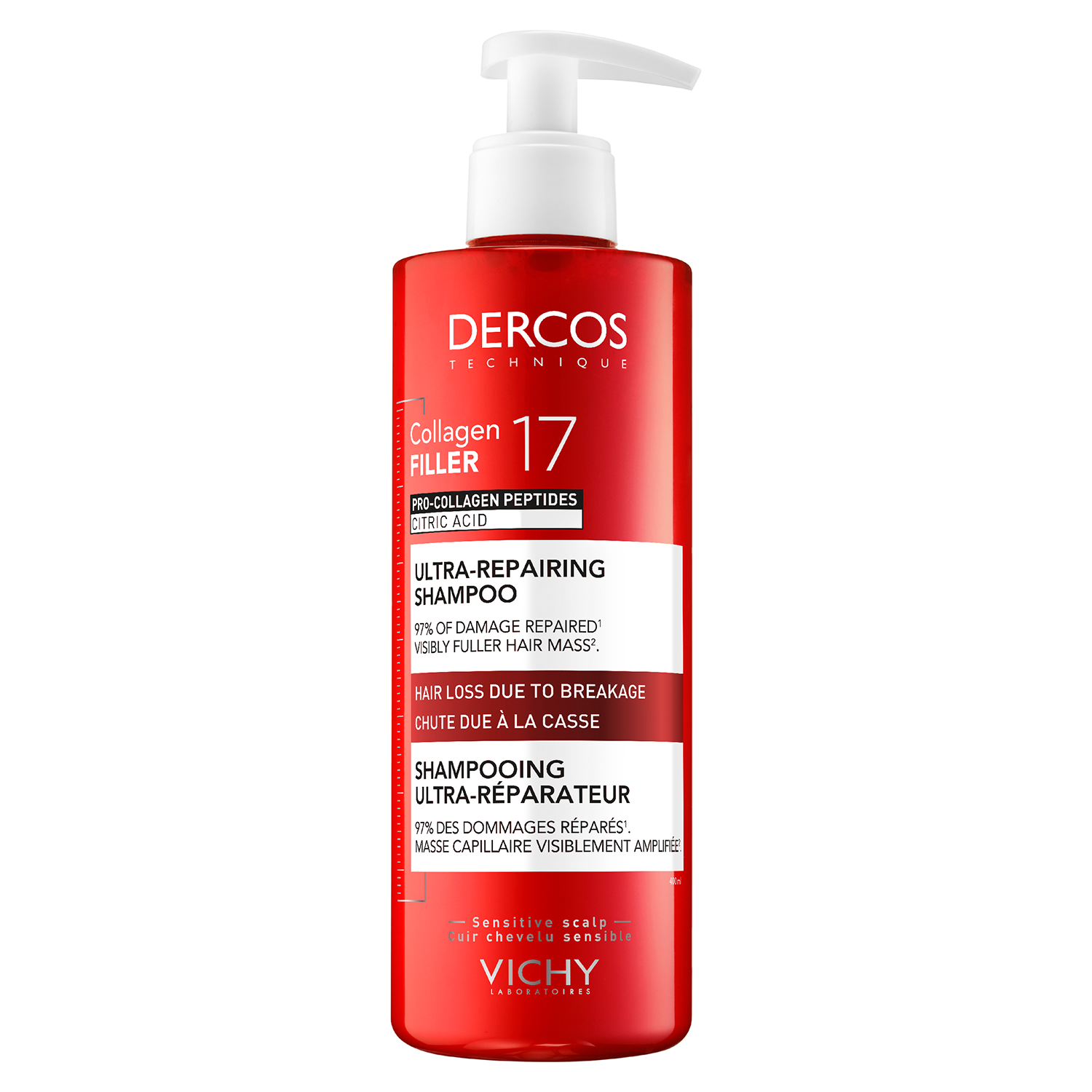 Vichy Dercos Collagen 17 Filler Ultra-Repairing Treatment, ultraregenerujący szampon do włosów, 400 ml