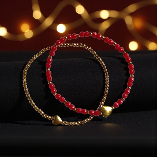 Komplet czerwono-złoty : bransoletki z serduszkami : na prezent