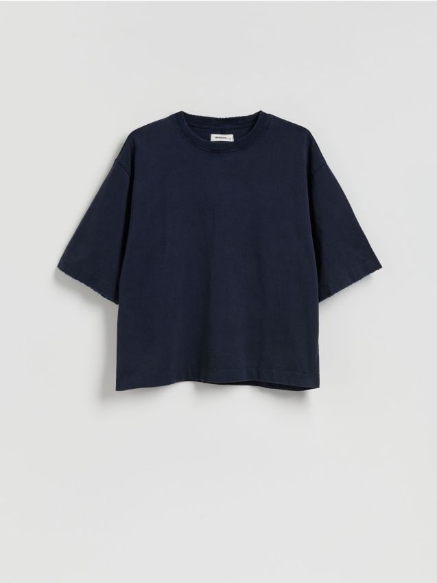 Reserved - T-shirt boxy z efektem sprania - granatowy