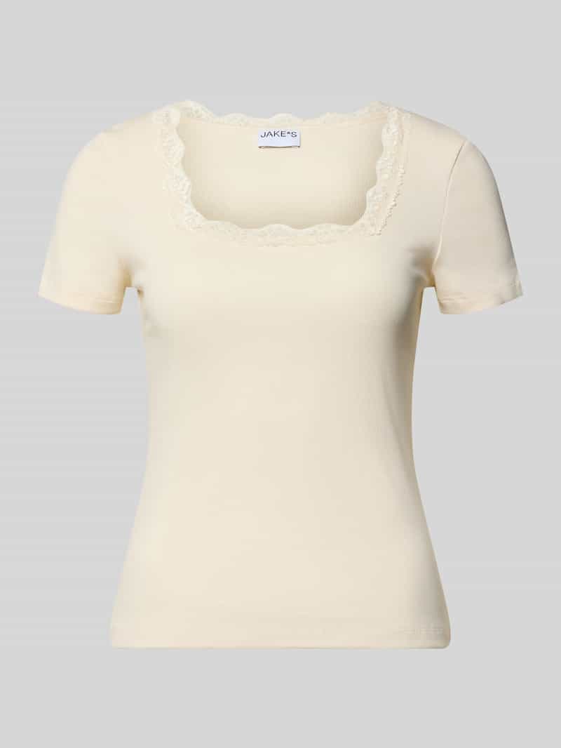 T-shirt w prążkowaniu z obszyciem koronką