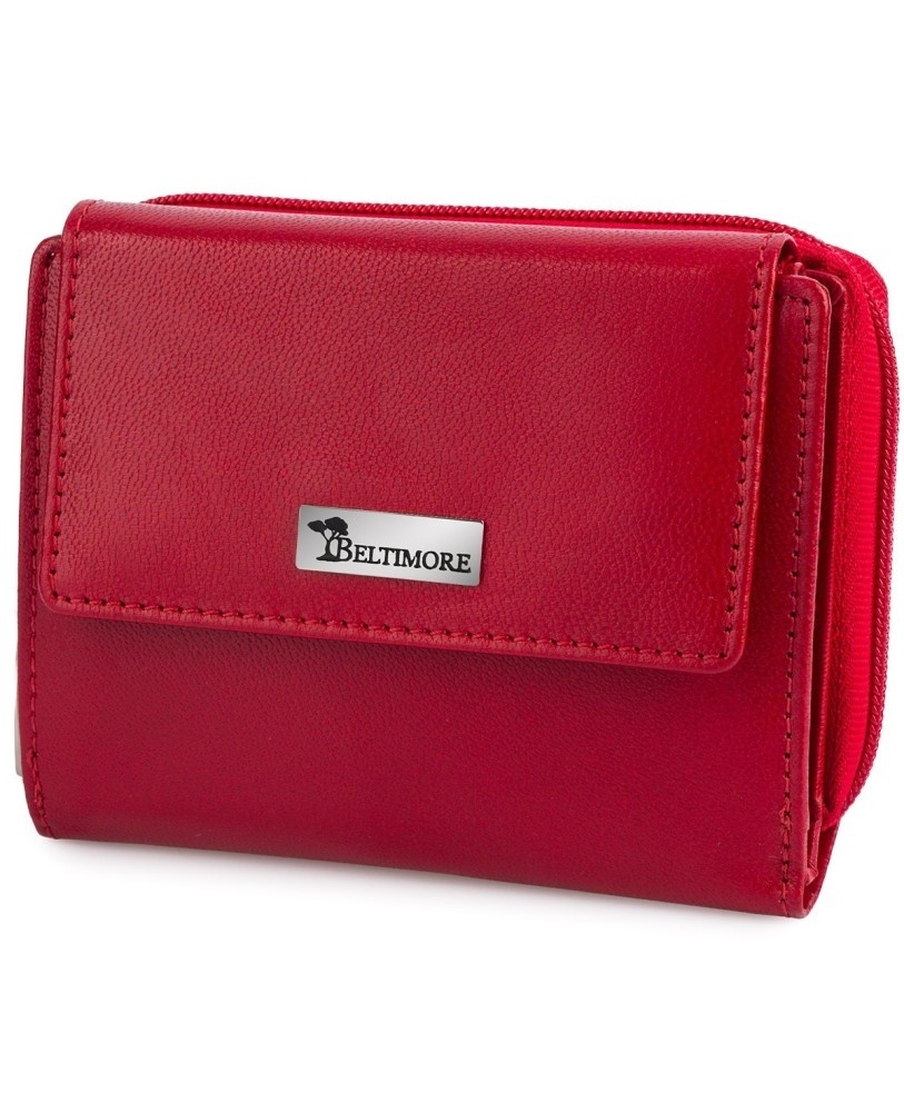 Damski Skórzany Portfel BELTIMORE Z Suwakiem Skóra Licowa 13 x 10 [cm] Eleganckie Pudełko BTM08 RFID CZERWONY