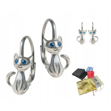 Srebrne 925 Kolczyki Kotki Niebieska Cyrkonia Na Prezent Gwiazdkę Dziecięce