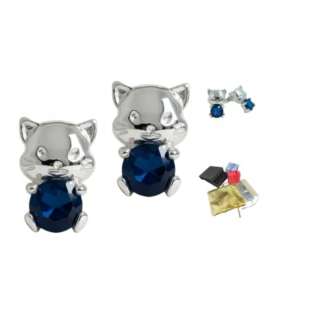 Srebrne 925 Kolczyki Kotki Sztyft Niebieska Cyrkonia Na Prezent Gwiazdkę