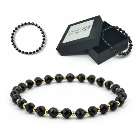 Bransoletka Z Kamieni Naturalnych 5,5mm Czarny Agat Hematyt Damska Na Gumce