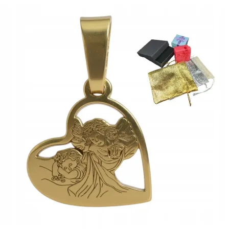 Srebrny Pozłacany Medalik pr. 925 Z Aniołem Stróżem W Sercu Na Prezent