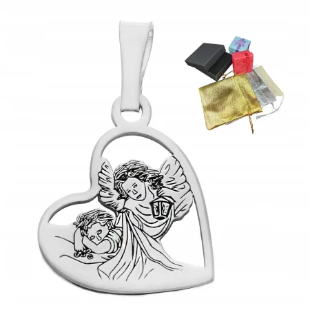 Srebrny Medalik pr. 925 Z Aniołem Stróżem W Sercu Serduszko Na Prezent
