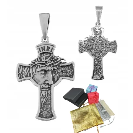 Srebrny Krzyż 925 Krzyżyk Z Jezusem Chrystusem w Koronie Zawieszka Prezent