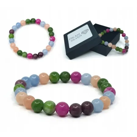 Bransoletka Z Kamieni Naturalnych 8.5mm Jadeit Turmalinowy Damska Na Gumce