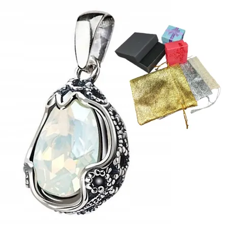Srebrna Zawieszka Biały Kryształ White Opal Wisiorek Vintage próba 925