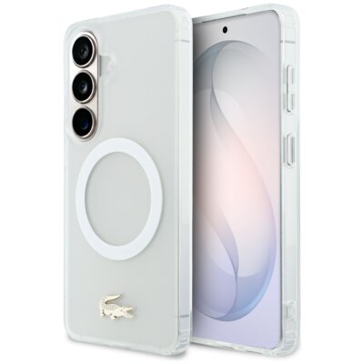 Etui LACOSTE Shockproof Frosted Gold Logo MagSafe do Samsung Galaxy S26 Biały