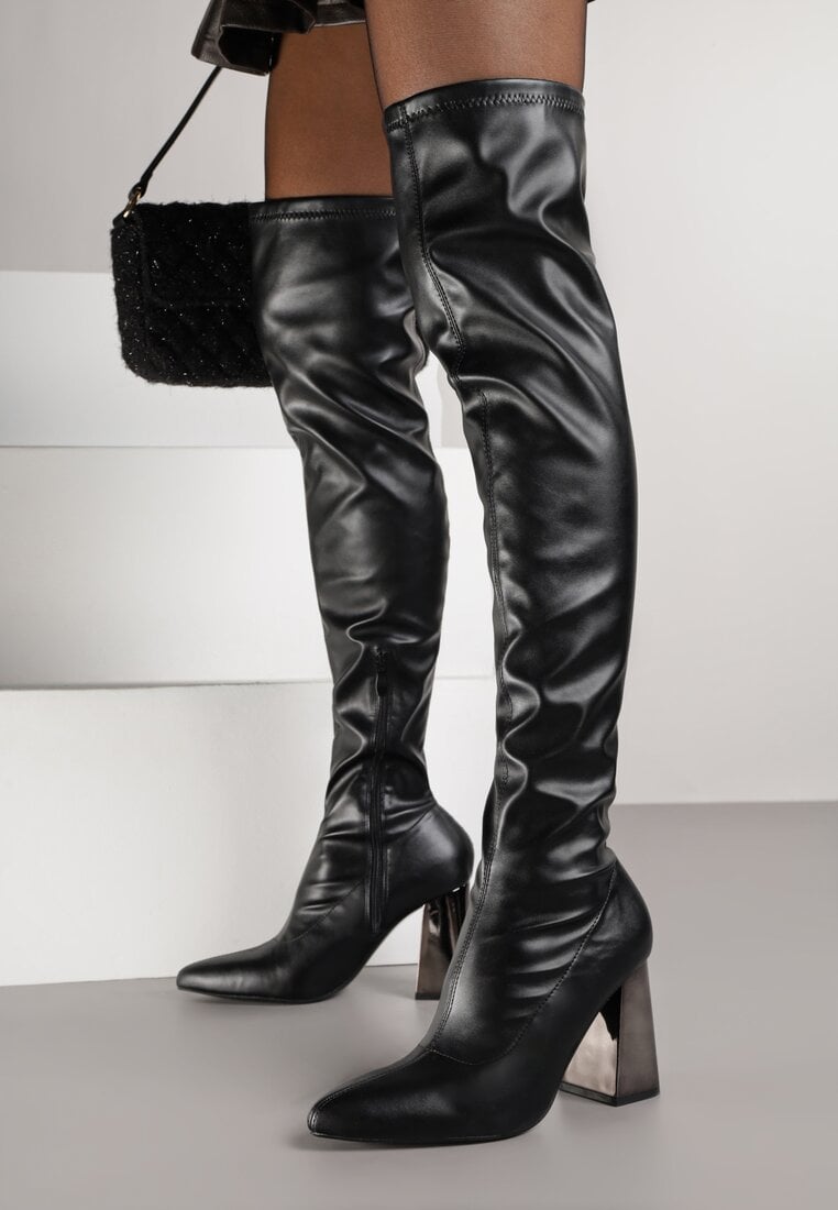 Czarne Eleganckie Kozaki Vices na Metalicznym Słupku z Dopasowaną Cholewką Nianesa