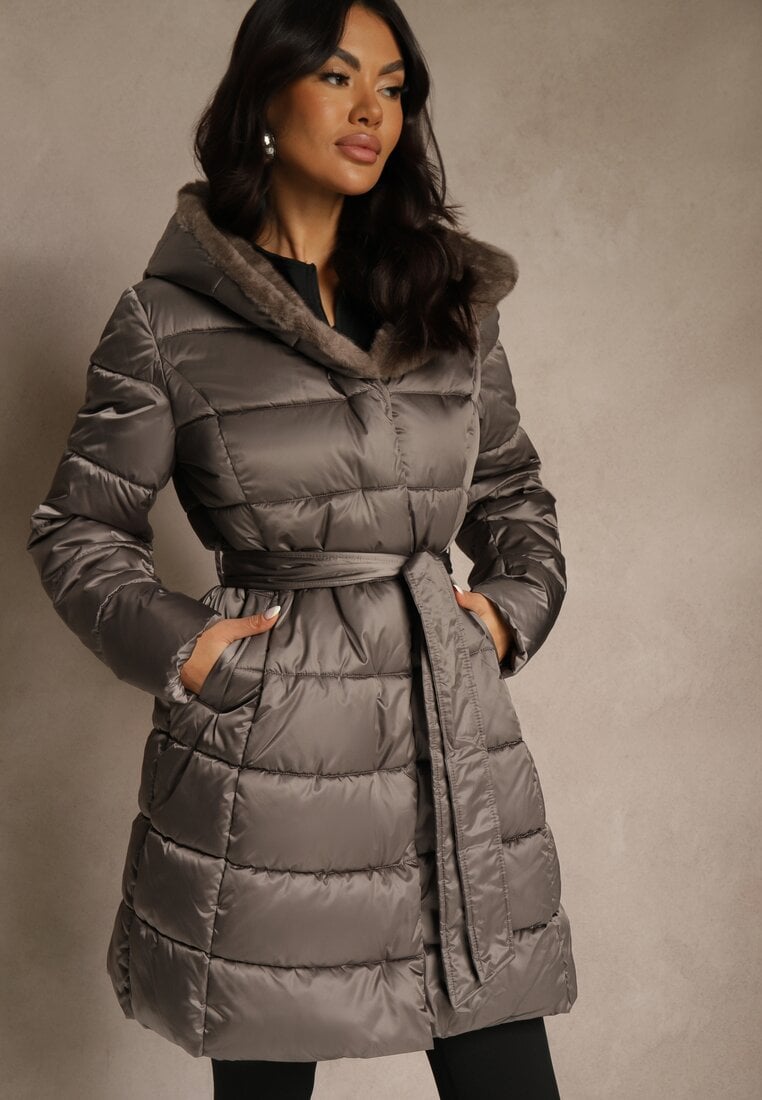 Szara Pikowana Kurtka z Nieodpinanym Kapturem o Długim Kroju z Paskiem Lidassea