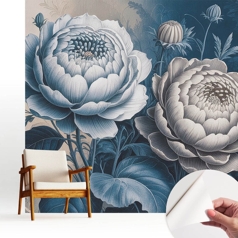 Tapeta z tkaniny samoprzylepnej - stylowa dekoracyjna elegancka 250x250 cm - Kwiaty w odcieniach niebieskiego szarości TULUP