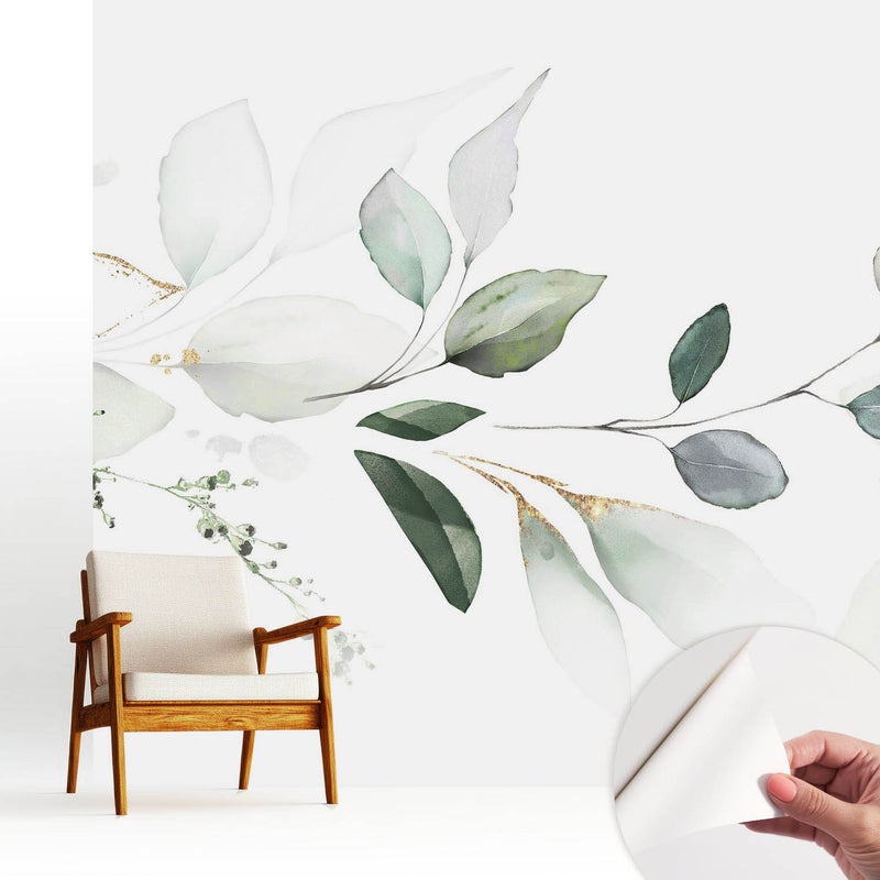 Tapeta z tkaniny samoprzylepnej - stylowa dekoracyjna elegancka 250x250 cm - Delikatne kompozycje liści w akwareli TULUP