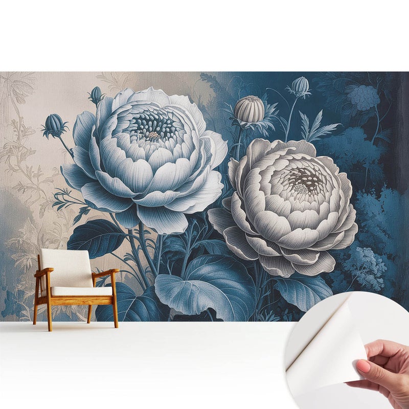 Tapeta z tkaniny samoprzylepnej - stylowa dekoracyjna elegancka 416x254 cm - Kwiaty w odcieniach niebieskiego szarości TULUP