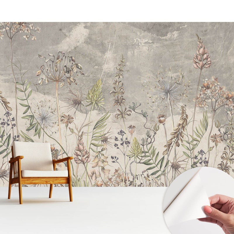 Samoprzylepna tapeta dekoracyjna stylowa nowoczesny motyw 312x219 cm - Rustykalne kwiaty na szarym tle TULUP