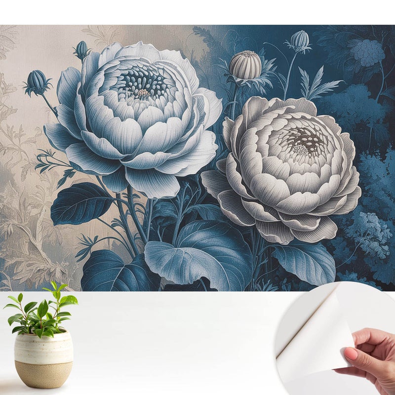 Tapeta z tkaniny samoprzylepnej - stylowa dekoracyjna elegancka 104x70 cm - Kwiaty w odcieniach niebieskiego szarości TULUP