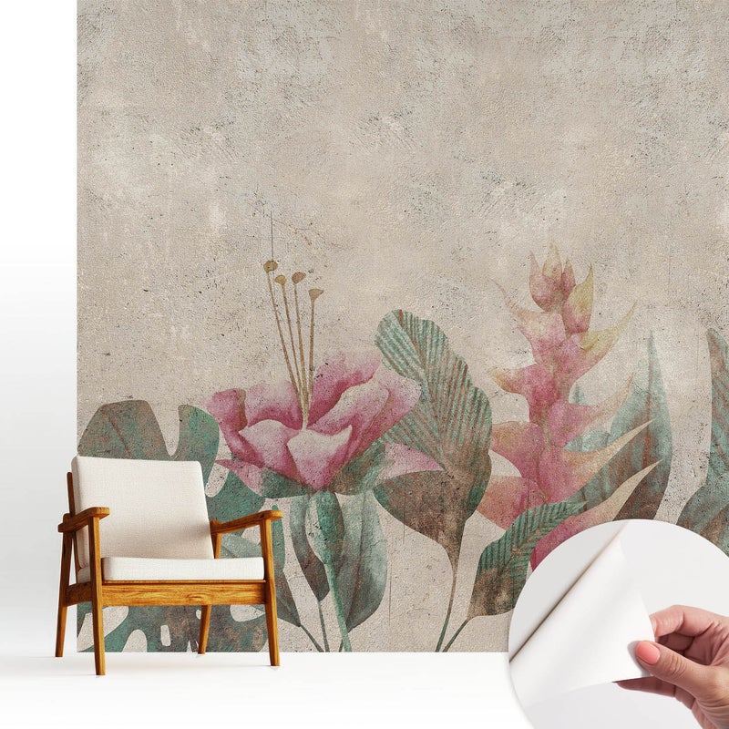 Tapeta z materiału samoprzylepnego - stylowa dekoracja ściany - wysoka jakość250x250 cm - Kwiaty i liście pastelowe harmonia vintage TULUP