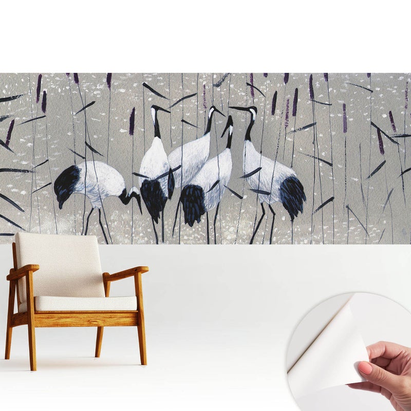 Tapeta wysokiej jakości z tkaniny samoprzylepnej dekoracyjnej - stylowe wykończenie 250x104 cm - Eleganckie żurawie wśród traw TULUP