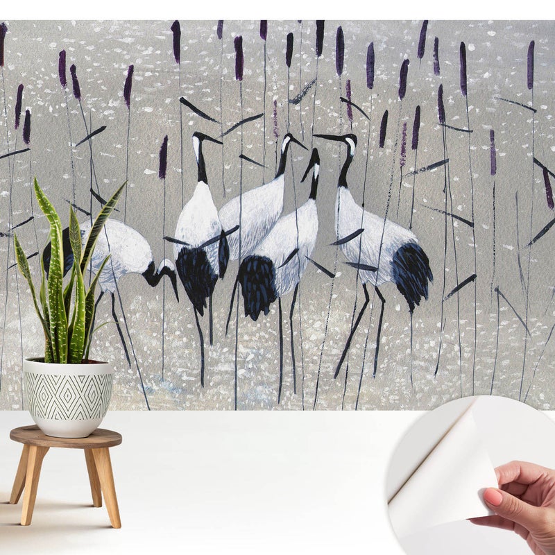 Tapeta wysokiej jakości z tkaniny samoprzylepnej dekoracyjnej - stylowe wykończenie 208x146 cm - Eleganckie żurawie wśród traw TULUP