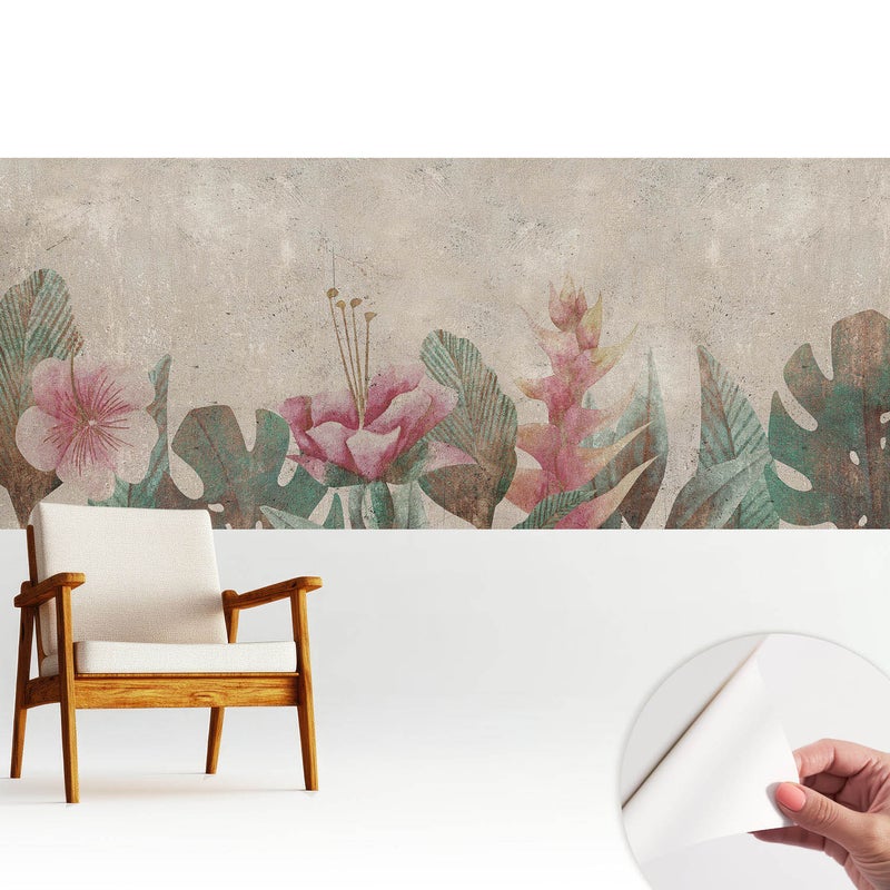 Tapeta z materiału samoprzylepnego - stylowa dekoracja ściany - wysoka jakość250x104 cm - Kwiaty i liście pastelowe harmonia vintage TULUP