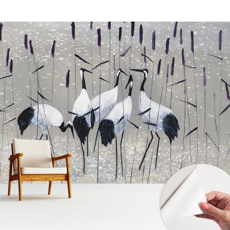 Tapeta wysokiej jakości z tkaniny samoprzylepnej dekoracyjnej - stylowe wykończenie 312x219 cm - Eleganckie żurawie wśród traw TULUP