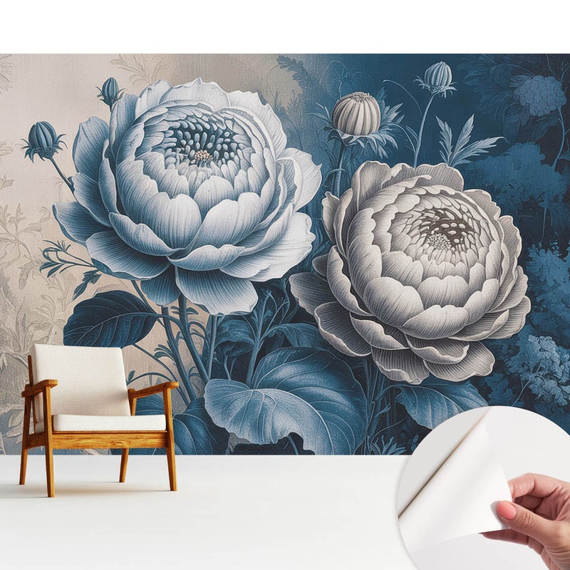Tapeta z tkaniny samoprzylepnej - stylowa dekoracyjna elegancka 312x219 cm - Kwiaty w odcieniach niebieskiego szarości TULUP