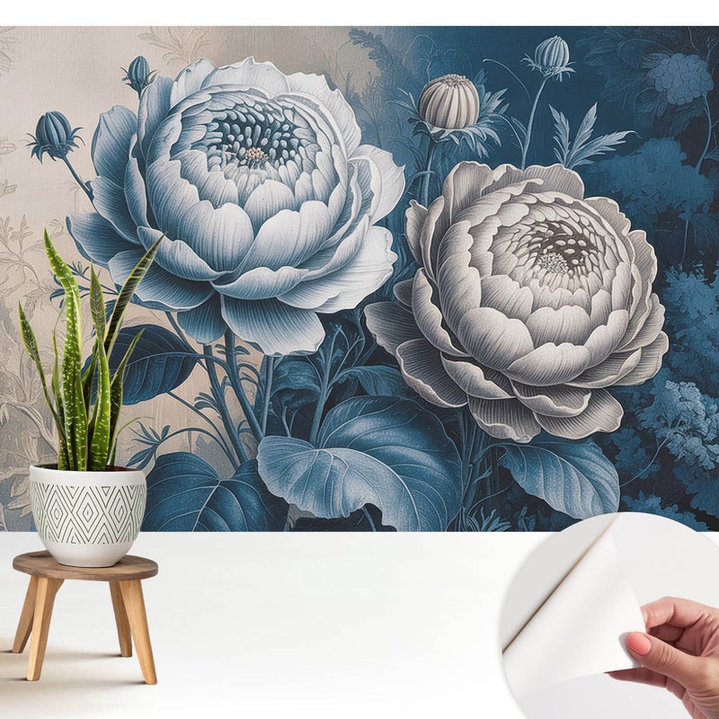 Tapeta z tkaniny samoprzylepnej - stylowa dekoracyjna elegancka 208x146 cm - Kwiaty w odcieniach niebieskiego szarości TULUP