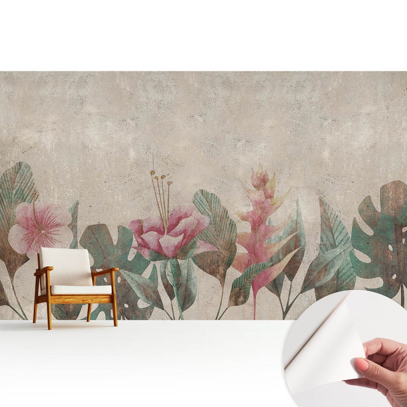 Tapeta z materiału samoprzylepnego - stylowa dekoracja ściany - wysoka jakość416x254 cm - Kwiaty i liście pastelowe harmonia vintage TULUP