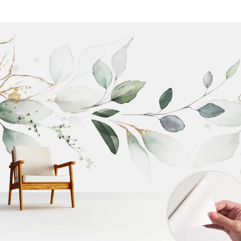 Tapeta z tkaniny samoprzylepnej - stylowa dekoracyjna elegancka 312x219 cm - Delikatne kompozycje liści w akwareli TULUP