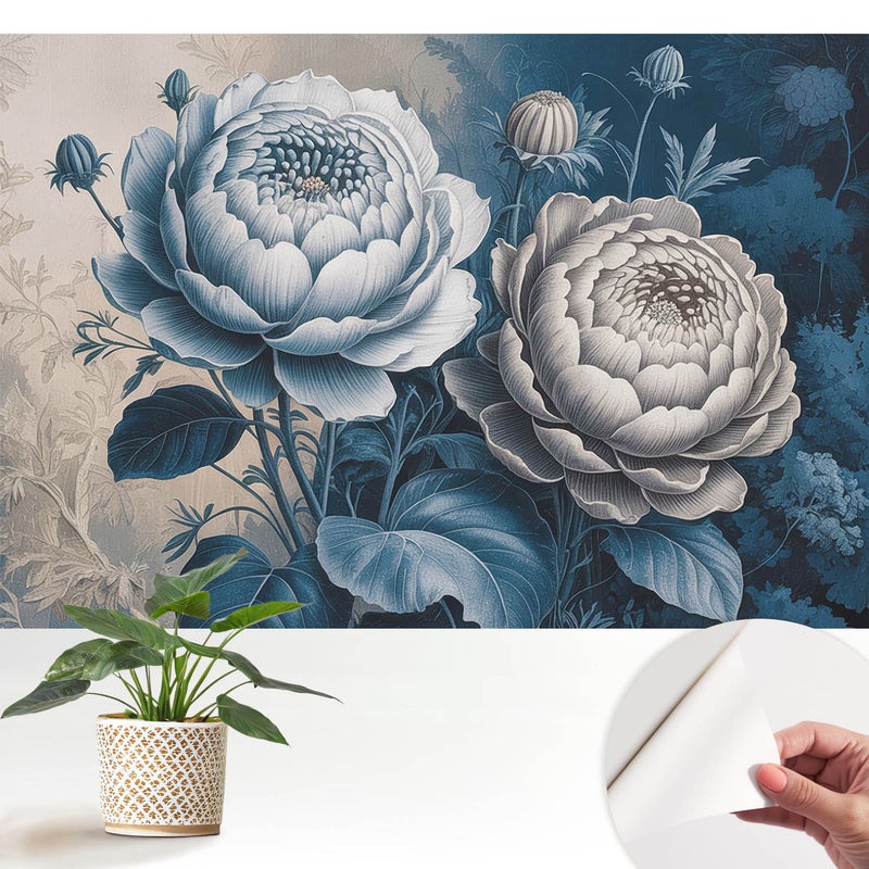 Tapeta z tkaniny samoprzylepnej - stylowa dekoracyjna elegancka 152x104 cm - Kwiaty w odcieniach niebieskiego szarości TULUP