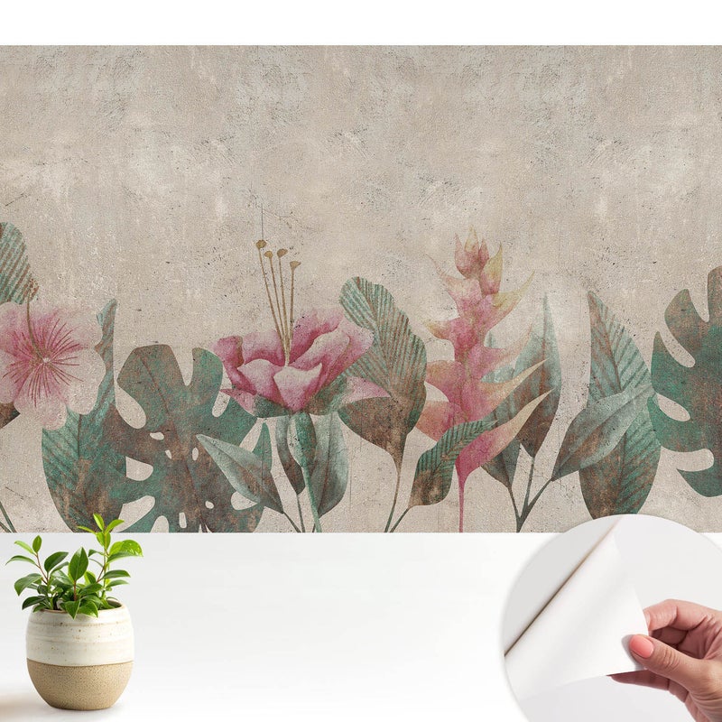 Tapeta z materiału samoprzylepnego - stylowa dekoracja ściany - wysoka jakość104x70 cm - Kwiaty i liście pastelowe harmonia vintage TULUP