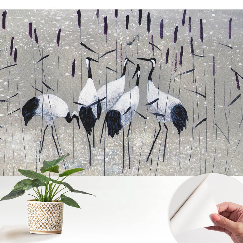 Tapeta wysokiej jakości z tkaniny samoprzylepnej dekoracyjnej - stylowe wykończenie 152x104 cm - Eleganckie żurawie wśród traw TULUP
