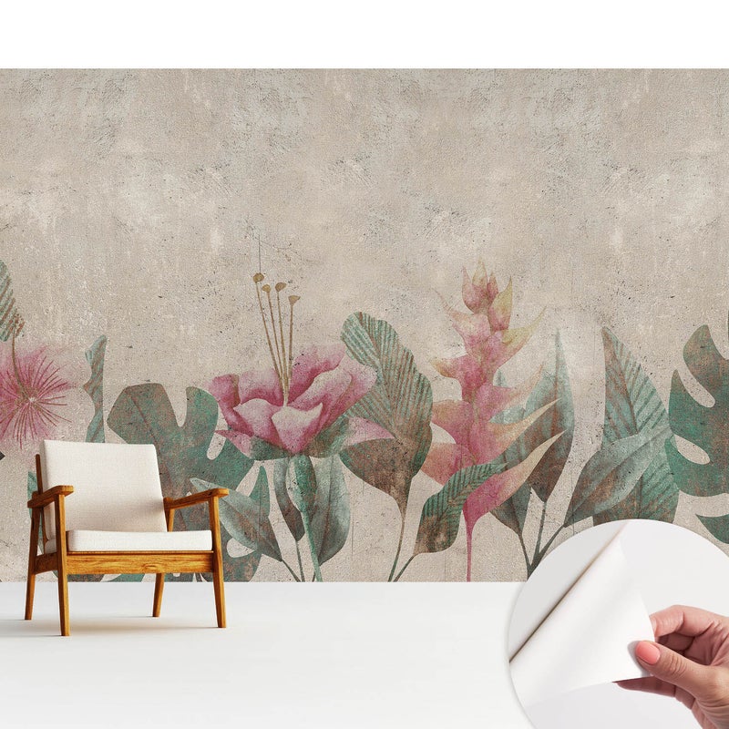 Tapeta z materiału samoprzylepnego - stylowa dekoracja ściany - wysoka jakość312x219 cm - Kwiaty i liście pastelowe harmonia vintage TULUP