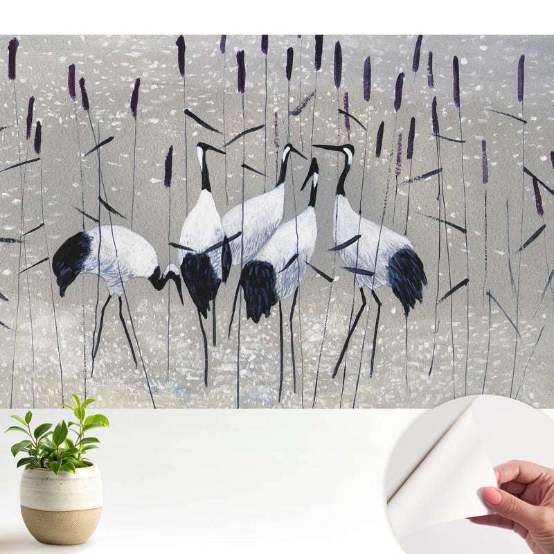 Tapeta wysokiej jakości z tkaniny samoprzylepnej dekoracyjnej - nowoczesna elegancka stylowa 104x70 cm - Eleganckie żurawie wśród traw TULUP