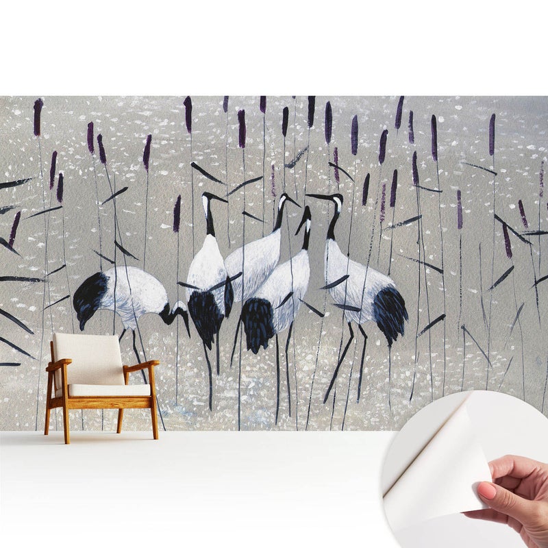 Tapeta wysokiej jakości z tkaniny samoprzylepnej dekoracyjnej - stylowe wykończenie 416x254 cm - Eleganckie żurawie wśród traw TULUP