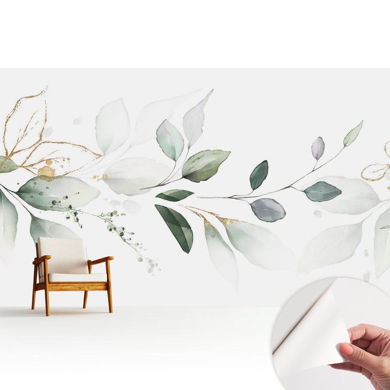 Tapeta z tkaniny samoprzylepnej - stylowa dekoracyjna elegancka 416x254 cm - Delikatne kompozycje liści w akwareli TULUP