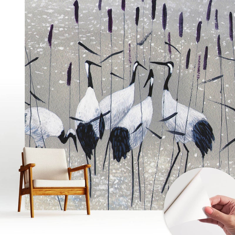 Tapeta wysokiej jakości z tkaniny samoprzylepnej dekoracyjnej - stylowe wykończenie 250x250 cm - Eleganckie żurawie wśród traw TULUP