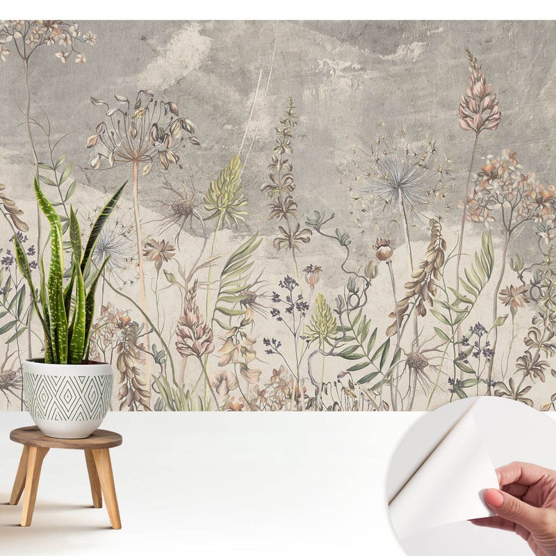 Samoprzylepna tapeta dekoracyjna stylowa nowoczesny motyw 208x146 cm - Rustykalne kwiaty na szarym tle TULUP
