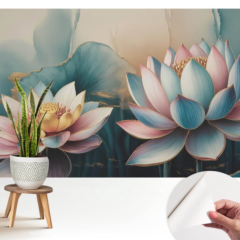 Tapeta samoprzylepna - nowoczesna stylowa elegancka wykończenie wysokiej jakości 208x146 cm - Delikatne kwiaty lotosu w abstrakcyjnym stylu TULUP