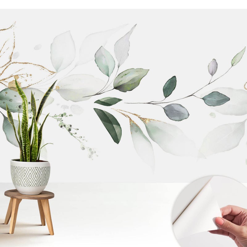 Tapeta z tkaniny samoprzylepnej - stylowa dekoracyjna elegancka 208x146 cm - Delikatne kompozycje liści w akwareli TULUP
