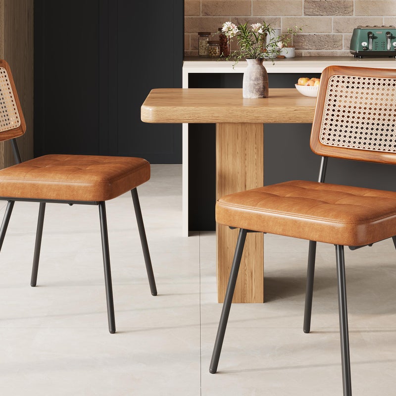 Zestaw 2 tapicerowanych krzeseł do jadalni - Skóra ekologiczna - Rattan - Metalowa rama - Styl retro - Brązowy