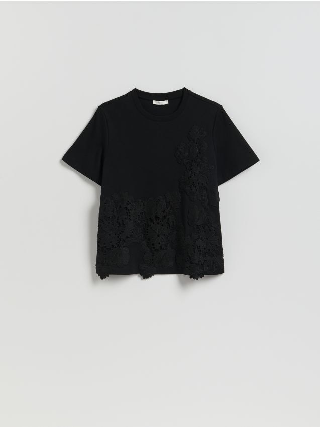 Reserved - T‑shirt z koronkową aplikacją - czarny