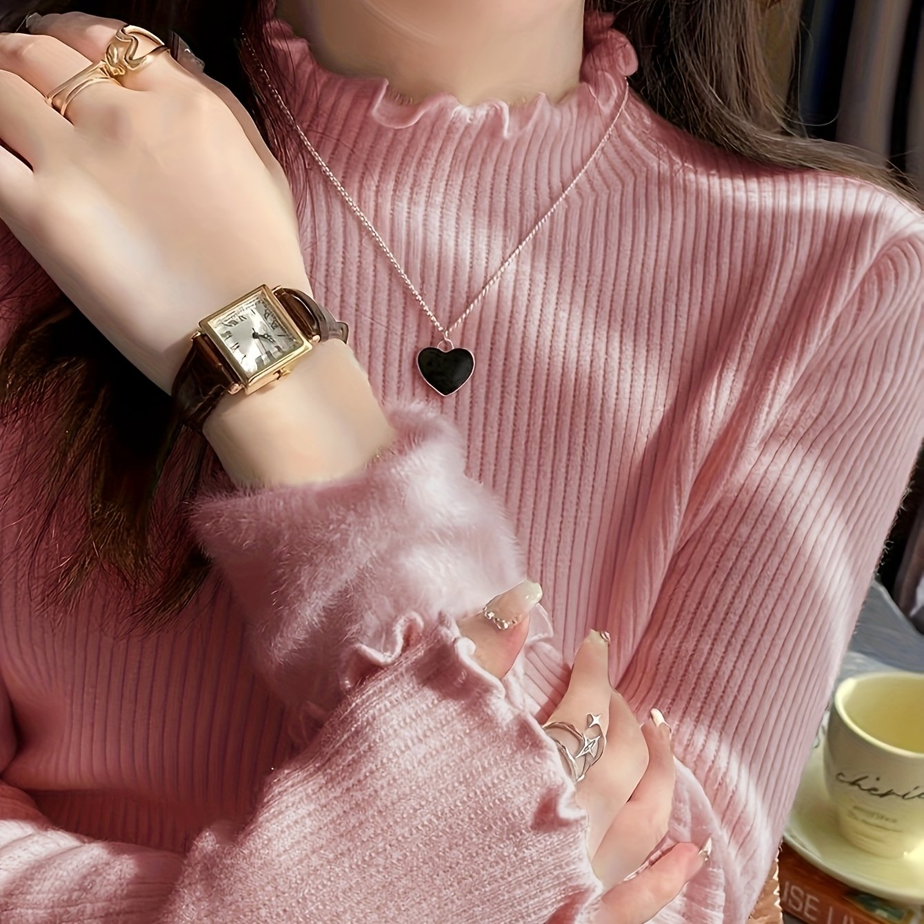 TEMU Gruby polarowy warstwa baza dla kobiet na jesień i zimę, z ciepłą warstwą wewnętrzną, biały top z wysokim dekoltem na zimę i sweter z falbankami