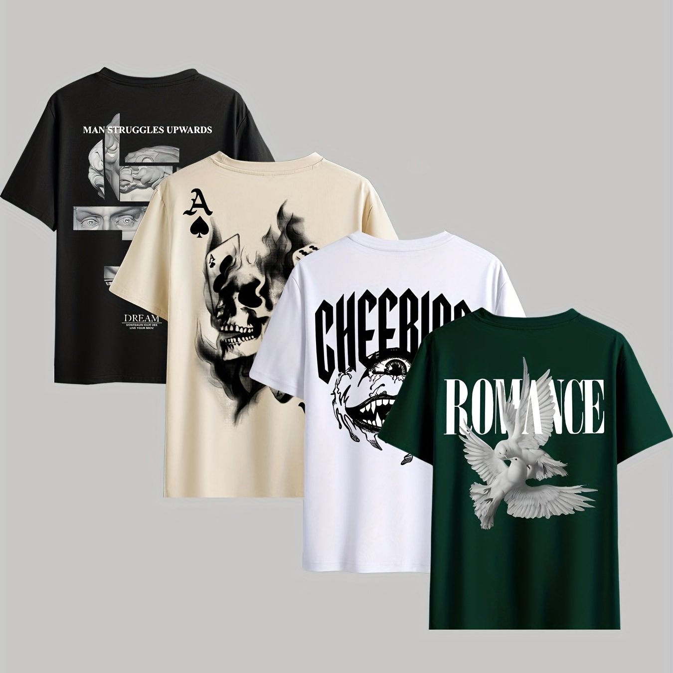 TEMU Męski zestaw 4 sztuk luźnych, casualowych, uniwersalnych modnych T-shirtów w stylu ulicznym z nadrukiem