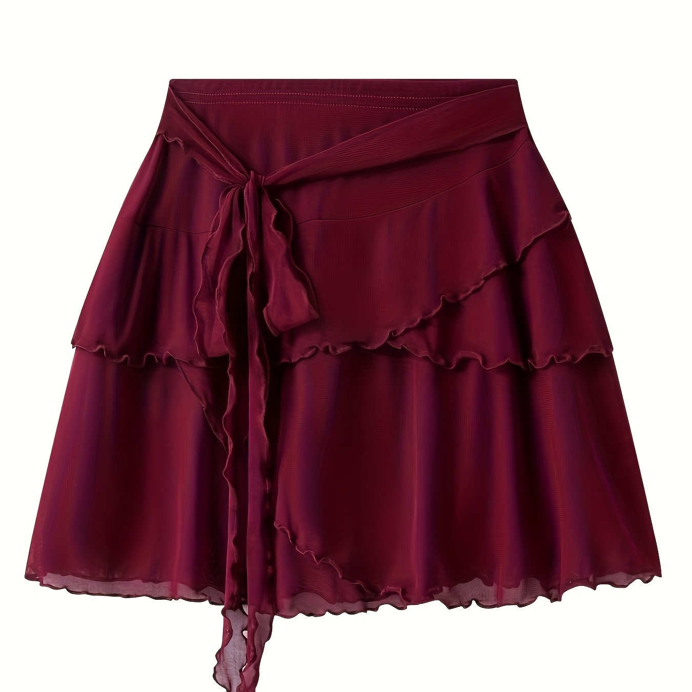 TEMU Spódnica w Kolorze Wina z Siatką i Falbankami, Romantyczny i Żywiołowy Wygląd. Boczne Wiązanie Dodaje Uroku, a Lekki Materiał Tworzy Nową
