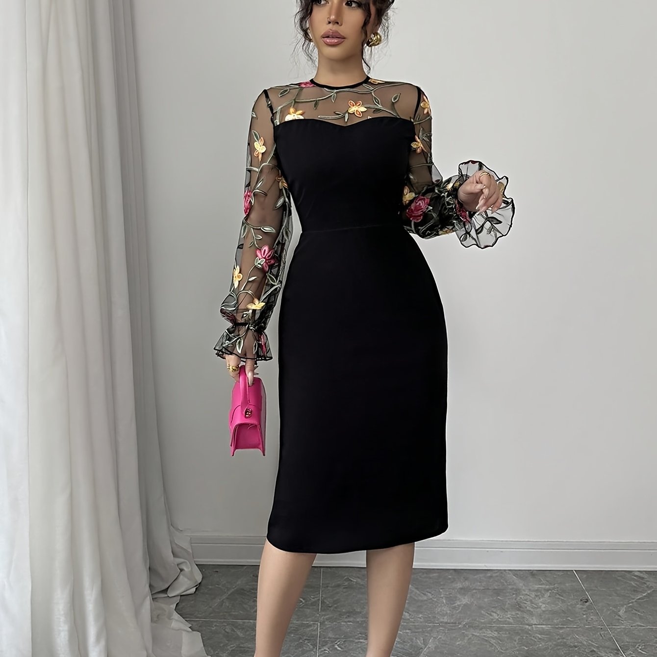 TEMU Elegancka Sukienka Damska z Kwiatowym Haftem, Okrągły Dekolt, Długi Rękaw