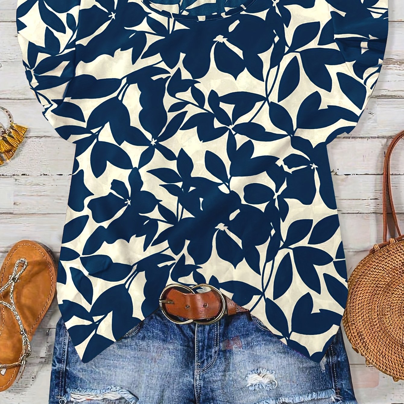 TEMU Bluzka Damska z Kwiatowym Nadrukiem i Falbankami na Rękawach - Pomarańczowy Wzór Liści, Okrągły Dekolt, Krótki Rękaw, Lekka, Odzież Wakacyjna