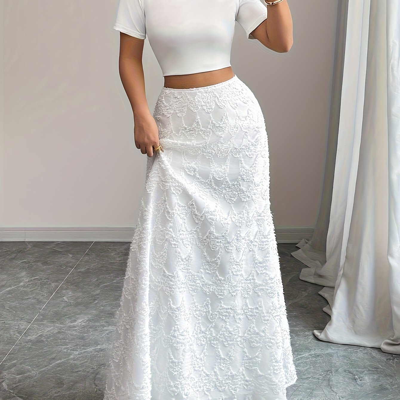 TEMU Elegancka Damska Spódnica Casual w Jednolitym Kolorze z Teksturowanej Tkaniny i Koronkową Lamówką, Odpowiednia na Przyjęcia